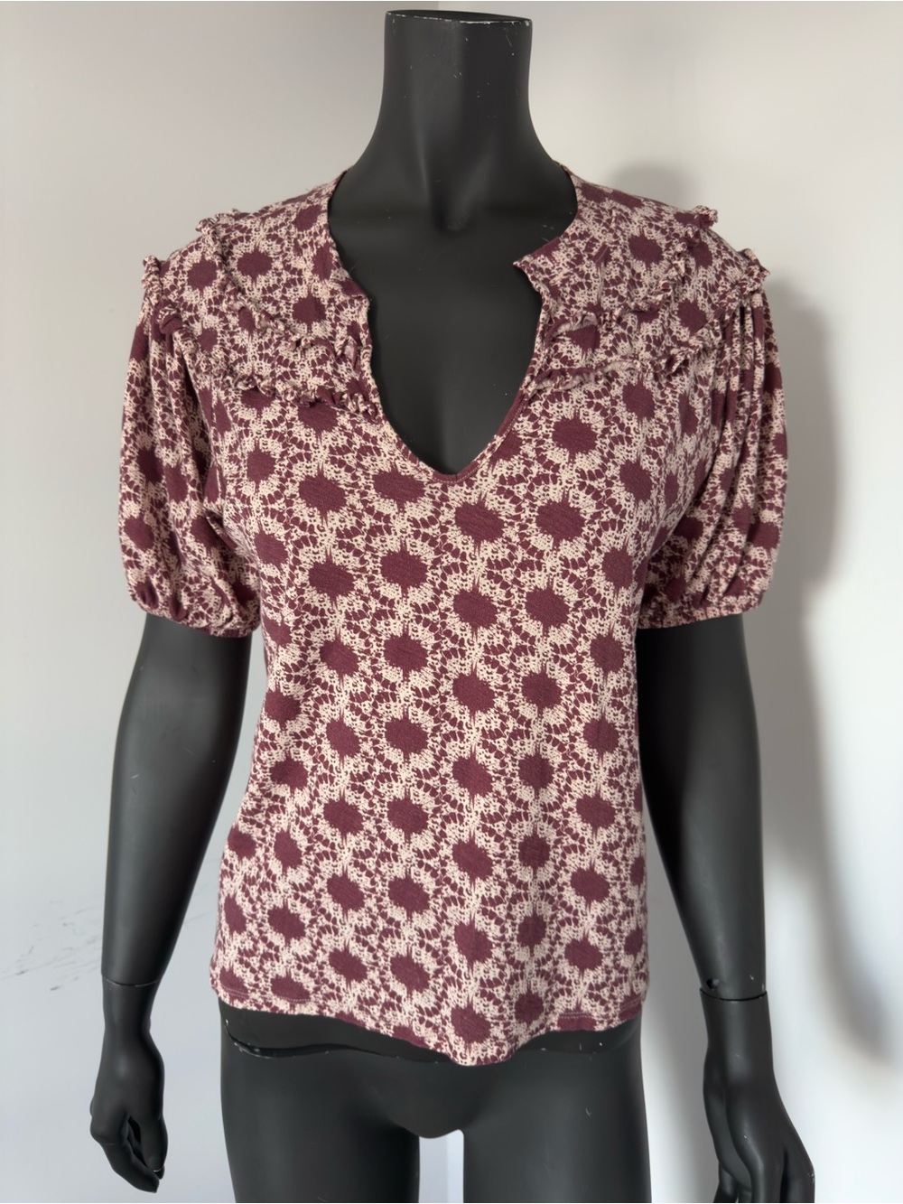 341. Nation Pima Cotton Burgundy and Cream Floral Knit Puff Sleeve Top